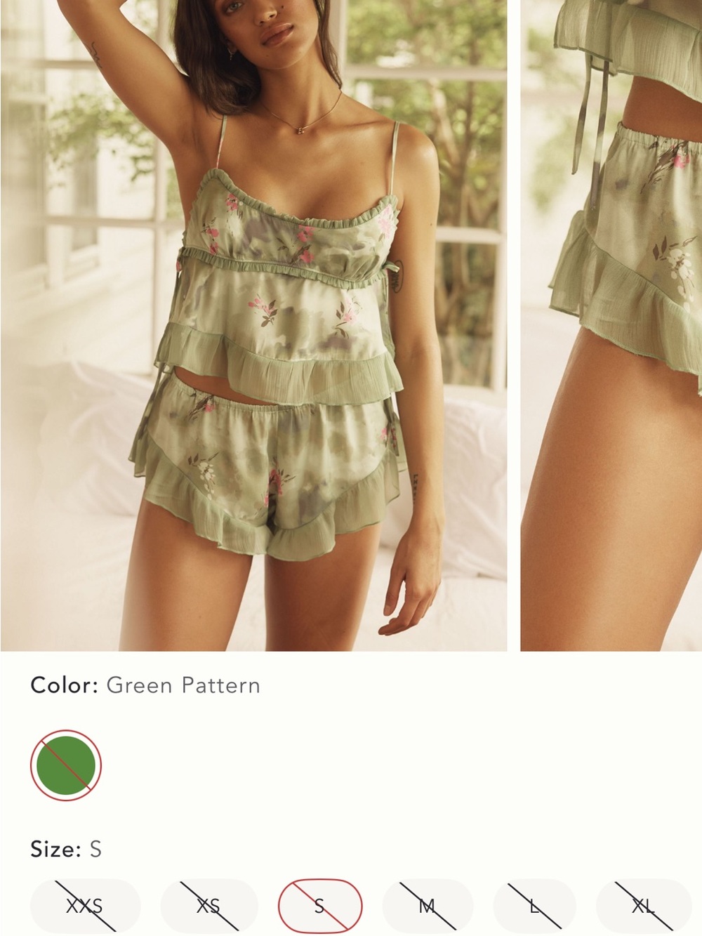 Anthropologie Light Green Floral Ruffle Cami & Shorts Set